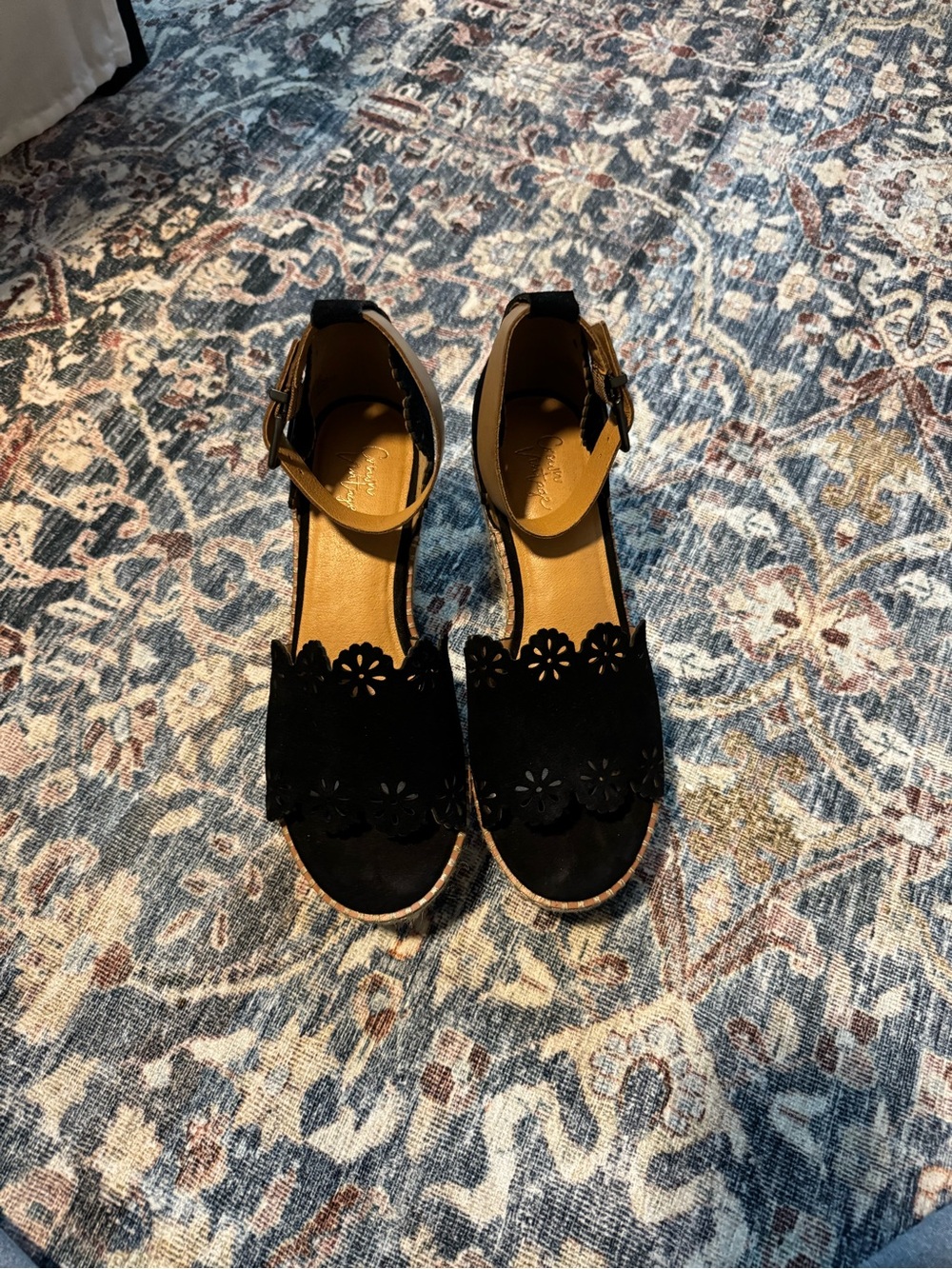 Crown Vintage Black Floral Cutout Espadrille Wedge Sandals